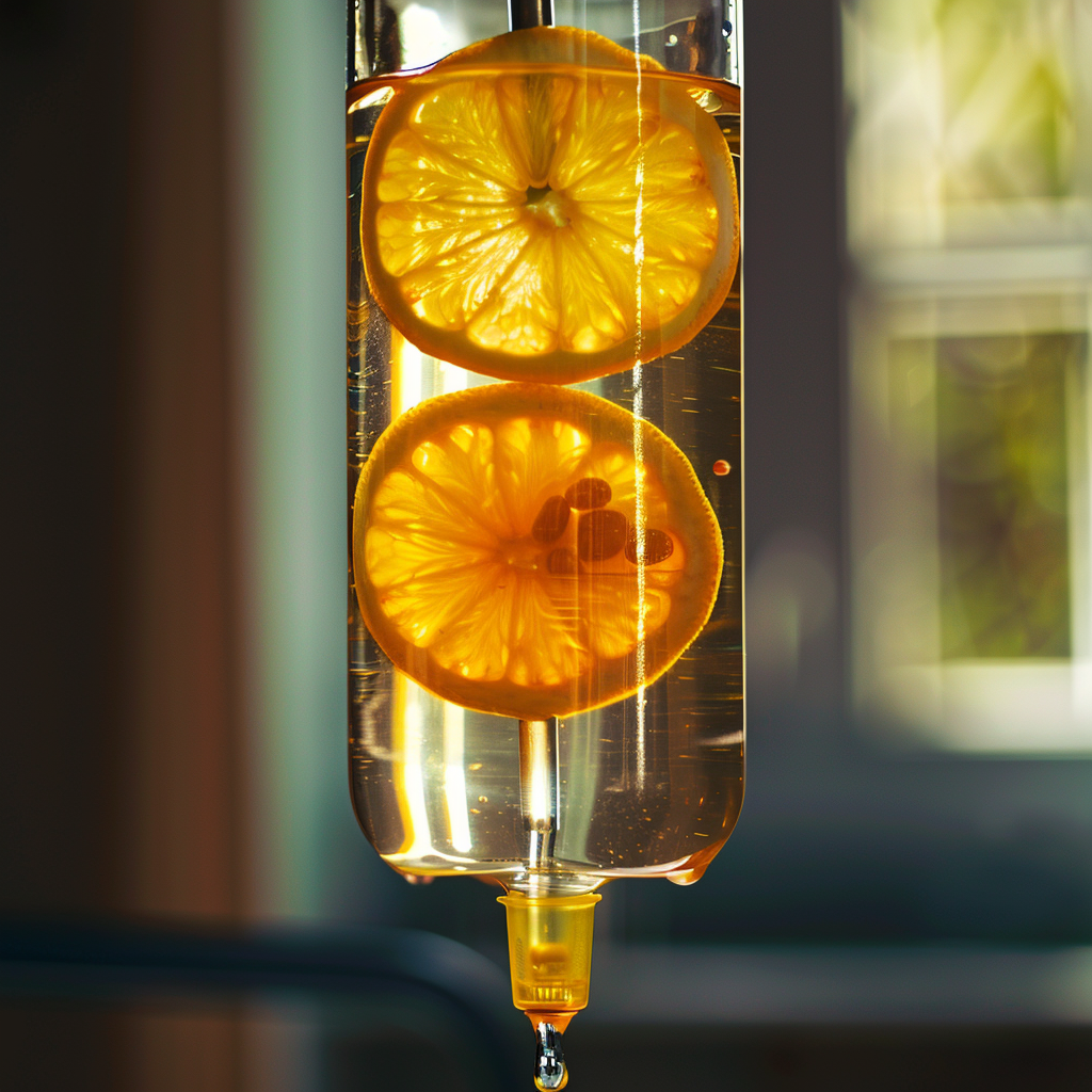 A depiction of an ascorbic acid IV infusion. Orange slices are in an IV bag, symbolizing vitamin C, which is ascorbic acid