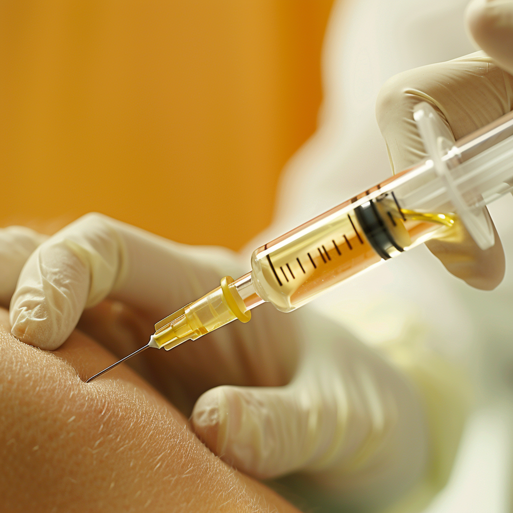 A syringe with platelet-rich plasma being injected into the target area of a patient