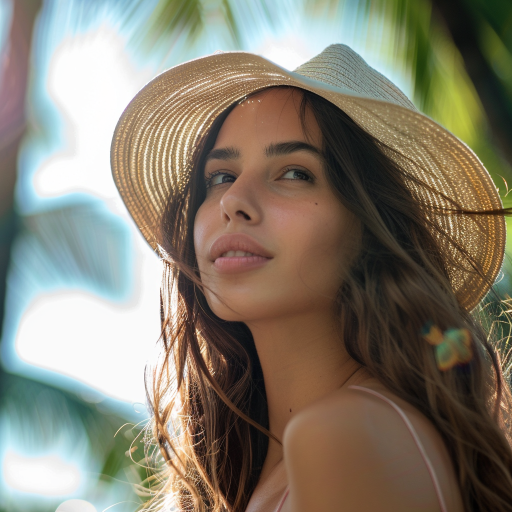 A young woman, wearing a light hat, with palm trees in the background