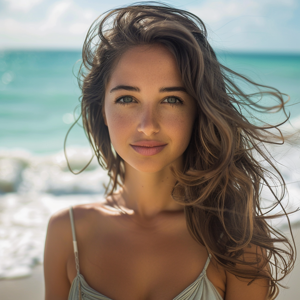 A beautiful woman, flowing hair, looking directly at the camera with the beach in the background