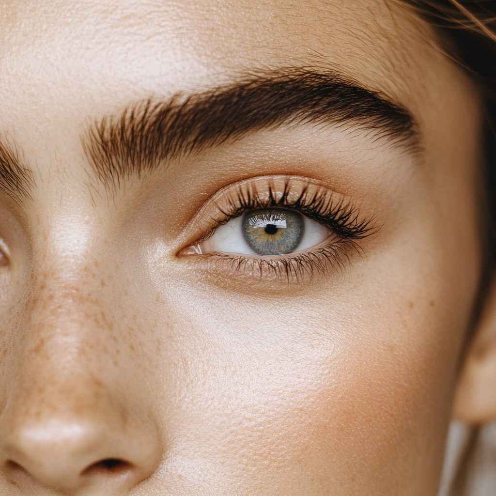 A close-up of a woman's face, with an emphasis on showing her eye and eyelashes.